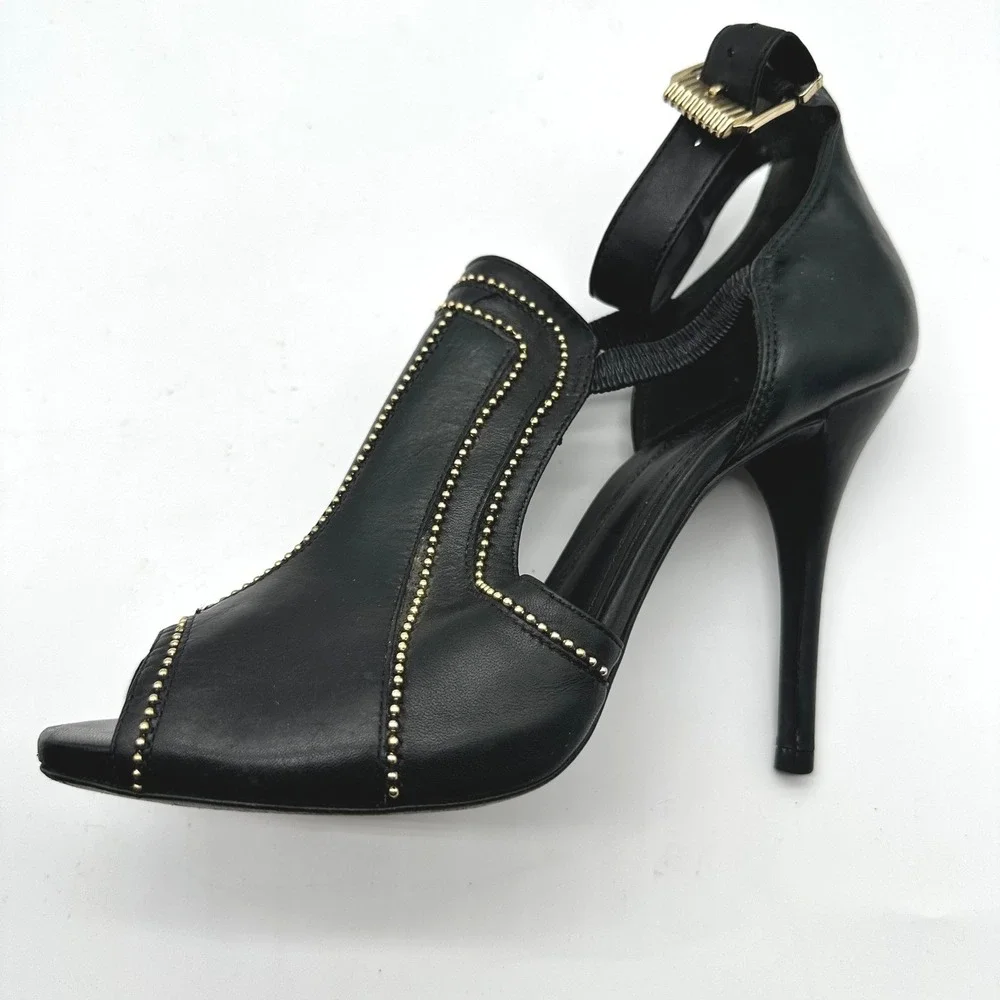 Schutz Womens Cwen Black Leather Gold Studded Peep Toe Stiletto Heels 10B